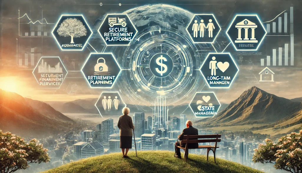 DALL·E 2024 08 14 12.31.24 A futuristic landscape image representing the overall research on financial services for aging populations. The image should depict a balance between