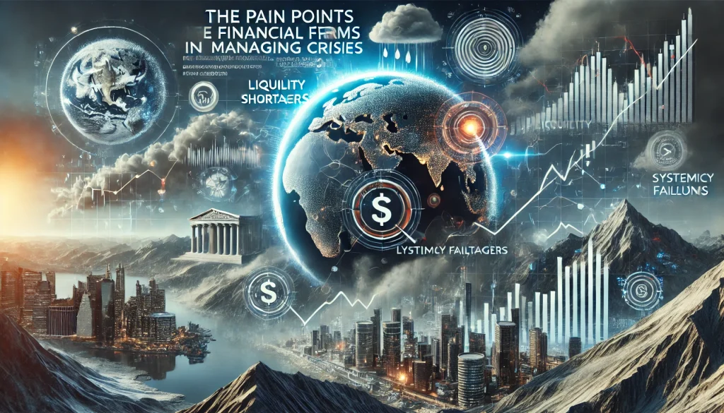 DALL·E 2024 08 14 12.42.52 A futuristic landscape image representing the pain points financial firms face in managing crises. The image should depict elements like turbulent mar