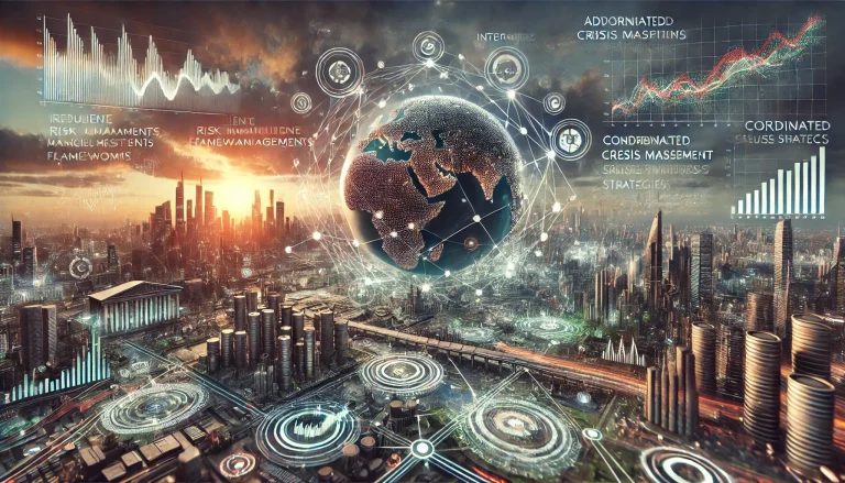 DALL·E 2024 08 14 12.43.14 A futuristic landscape image representing the overall research on crisis management for financial firms. The image should depict a resilient global fi