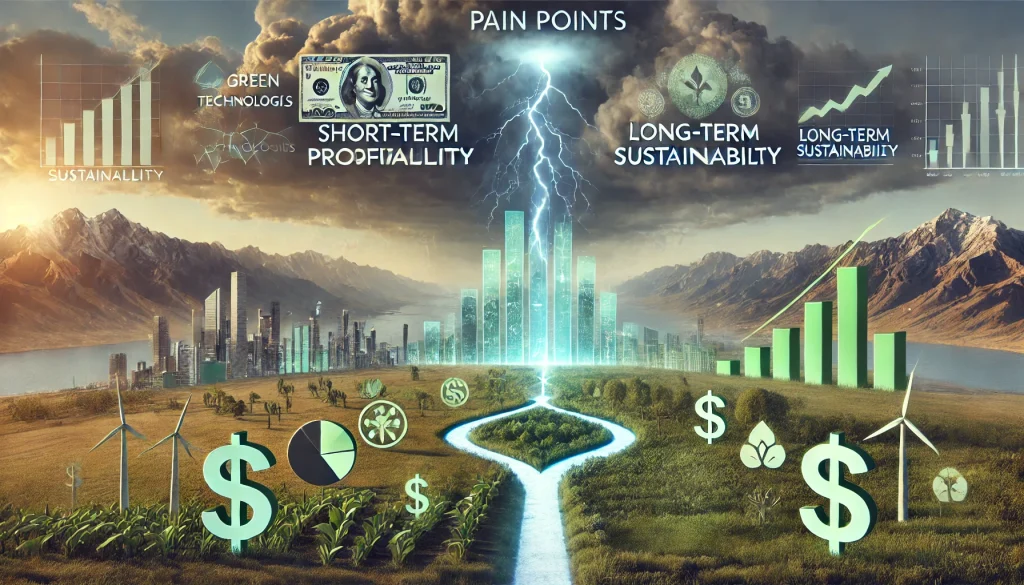 DALL·E 2024 08 14 12.55.05 A futuristic landscape image representing the pain points financial firms face in balancing short term profitability with long term sustainability. Th