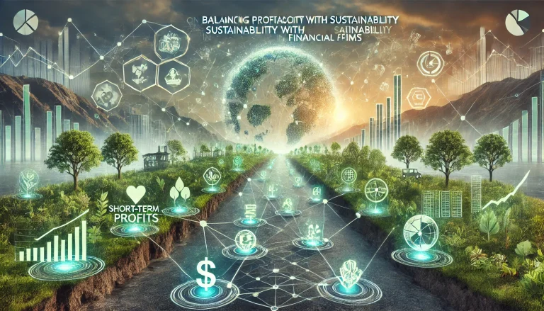 DALL·E 2024 08 14 12.55.27 A futuristic landscape image representing the overall research on balancing profitability with sustainability in financial firms. The image should dep