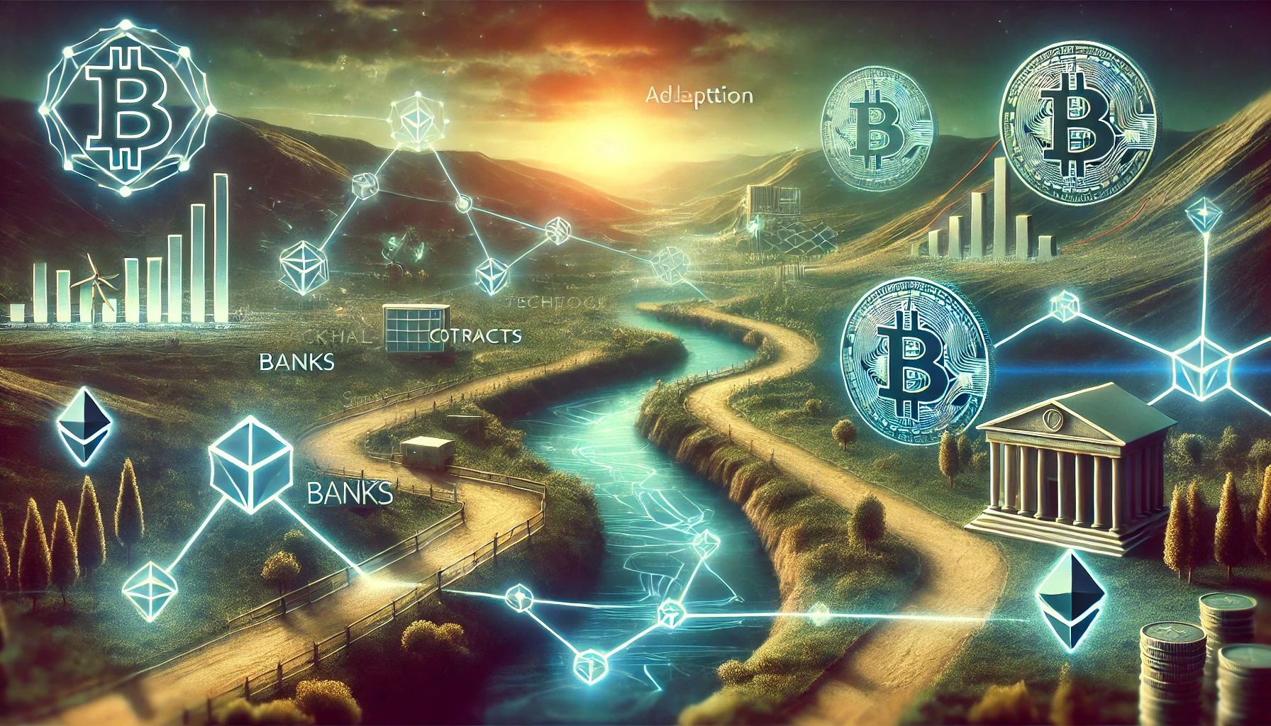 DALL·E 2024 08 14 13.00.49 A futuristic landscape image representing the overall research on the impact of Decentralized Finance DeFi on traditional financial institutions. Th