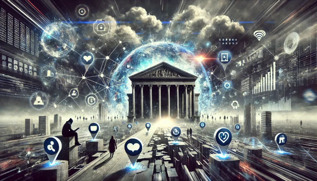 DALL·E 2024 08 14 13.10.40 A futuristic landscape image representing the pain points financial firms face in managing reputation in the digital age. The image should depict a fi