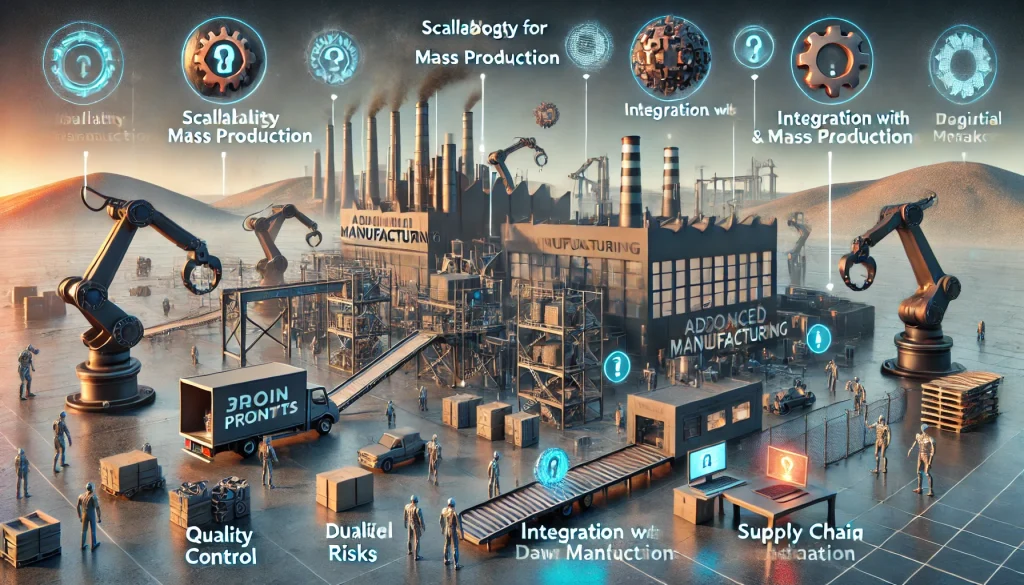 DALL·E 2024 08 20 11.04.59 A futuristic landscape image illustrating the pain points in adopting 3D printing and advanced manufacturing techniques in the automotive industry. Th