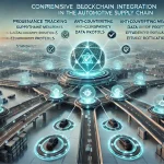 DALL·E 2024 08 20 11.11.01 A futuristic landscape image representing comprehensive research on blockchain integration in the automotive supply chain. The scene should feature a