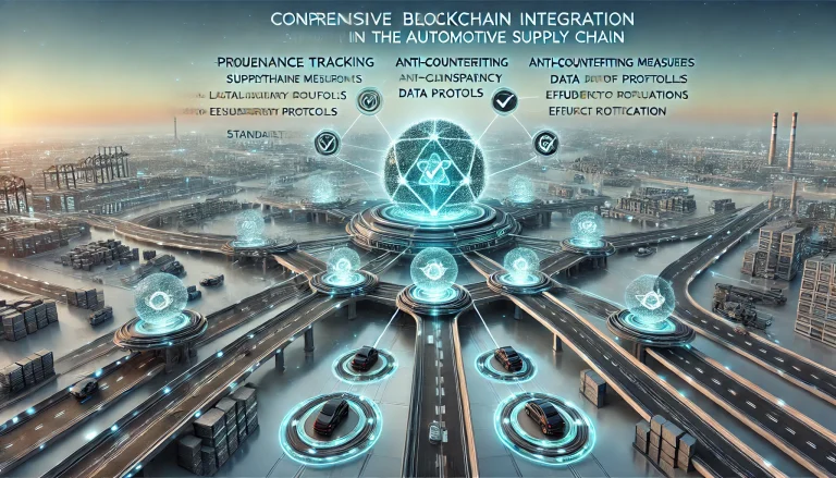 DALL·E 2024 08 20 11.11.01 A futuristic landscape image representing comprehensive research on blockchain integration in the automotive supply chain. The scene should feature a