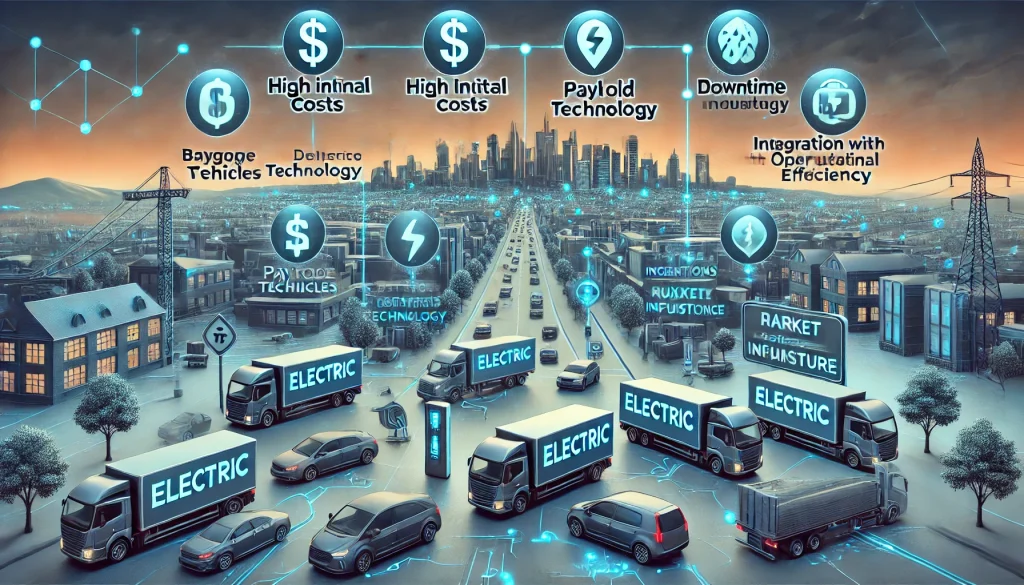 DALL·E 2024 08 20 11.16.30 A futuristic landscape image illustrating the pain points in the electrification of commercial vehicles such as delivery vans trucks and buses. The