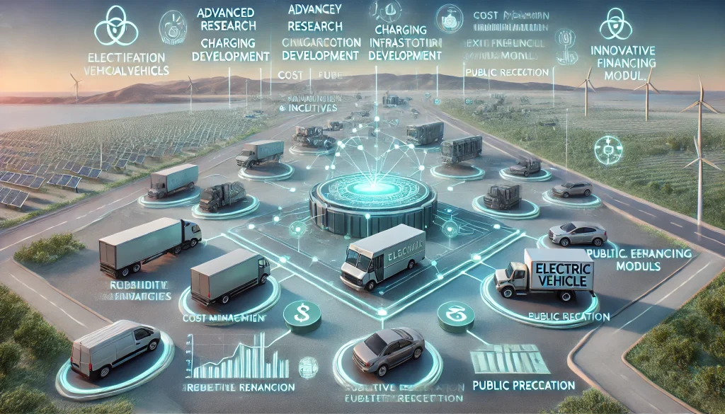 DALL·E 2024 08 20 11.16.59 A futuristic landscape image representing comprehensive research on the electrification of commercial vehicles including delivery vans trucks and b