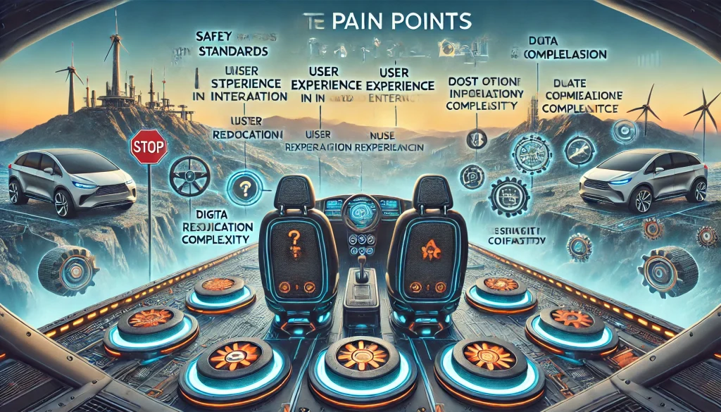 DALL·E 2024 08 20 11.22.33 A futuristic landscape image illustrating the pain points in enhancing the passenger experience in autonomous and connected vehicles. The scene should