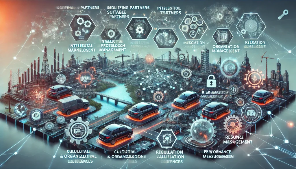 DALL·E 2024 08 20 11.29.35 A futuristic landscape image illustrating the pain points in forming strategic partnerships and collaborative ecosystems in the automotive industry. T