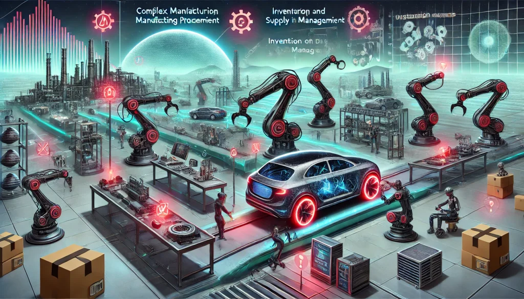 DALL·E 2024 08 20 12.30.57 A futuristic landscape image illustrating the pain points in automotive customization. The scene should depict a high tech vehicle factory with variou