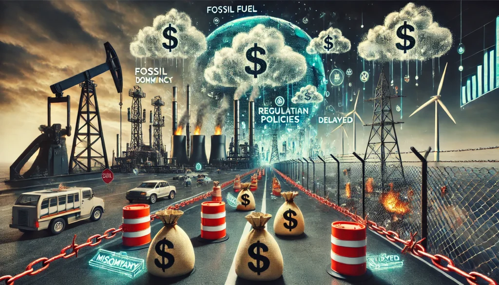 DALL·E 2024 08 26 19.06.53 A futuristic scene visually depicting the pain points in the energy transition. On one side symbols of fossil fuel dominance like oil rigs money bag