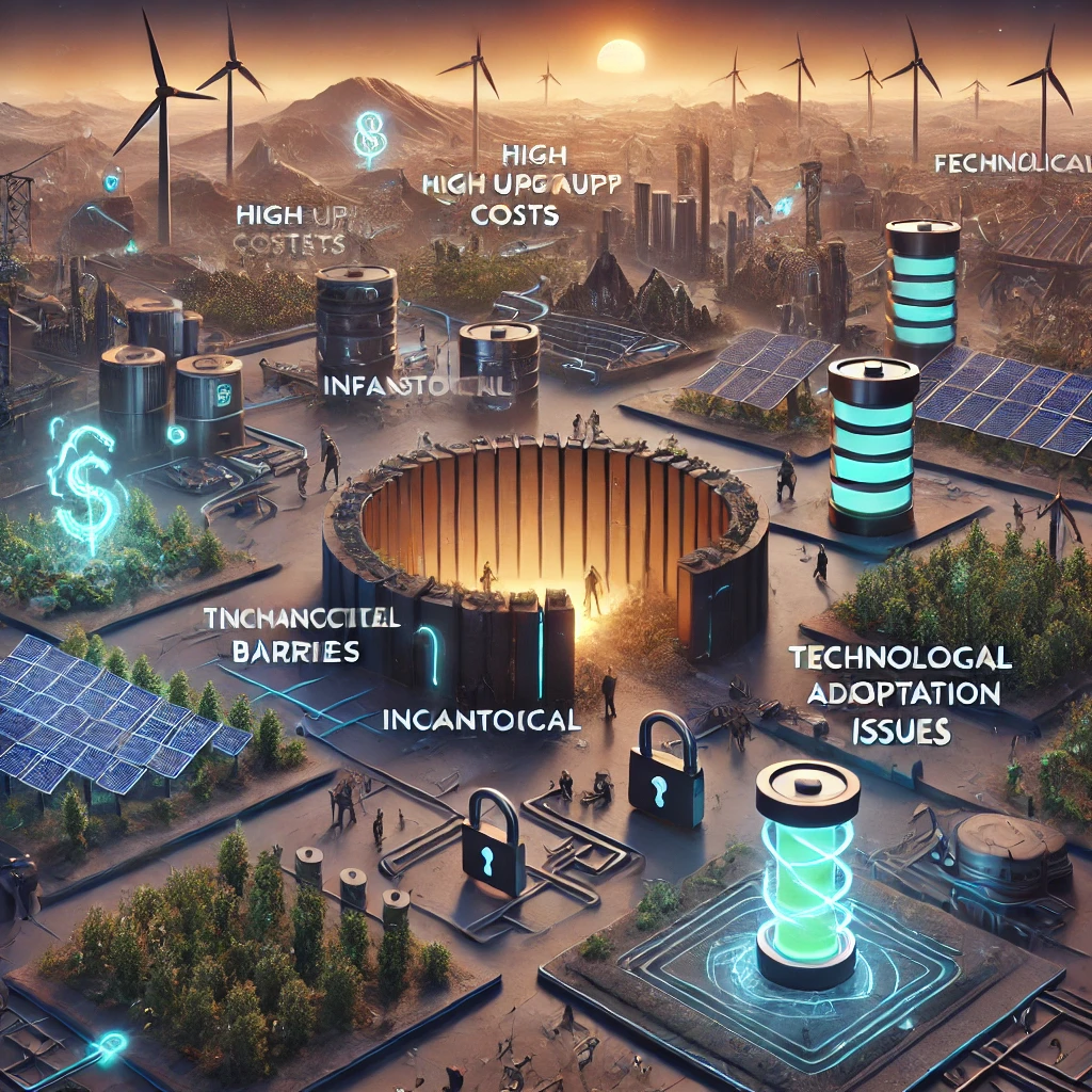 DALL·E 2024 08 26 19.59.52 A futuristic landscape image that illustrates the pain points of renewable energy adoption in developing regions. The landscape is divided into differ