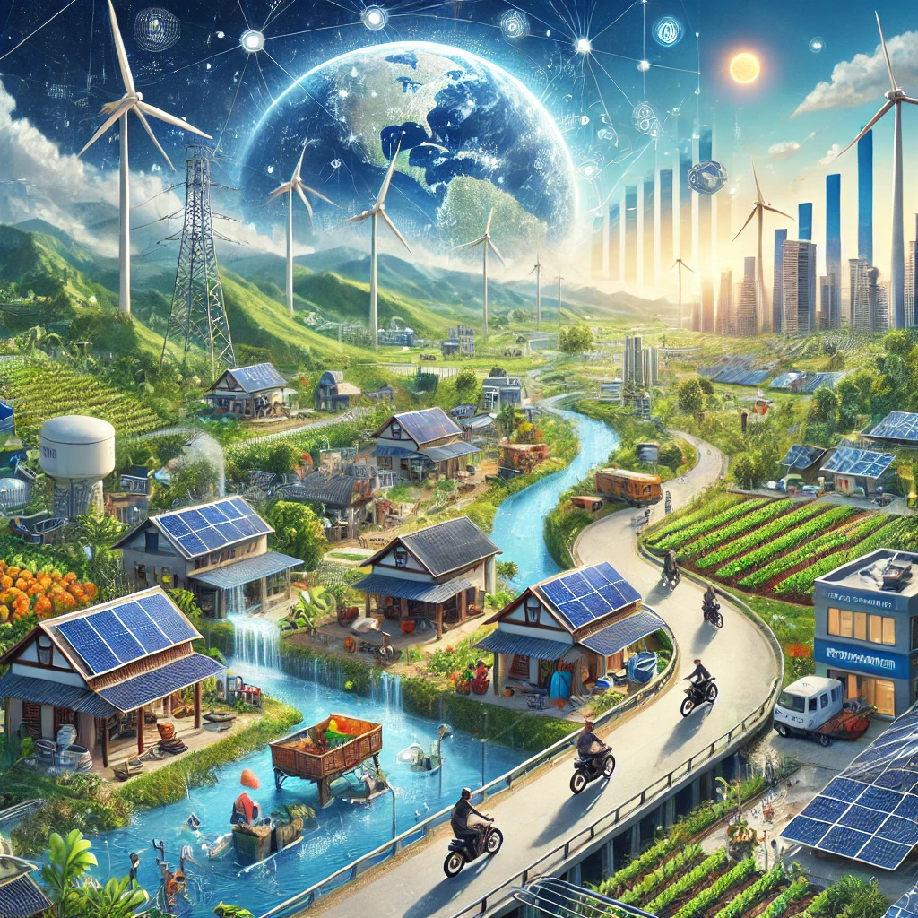 DALL·E 2024 08 26 20.01.17 A futuristic landscape depicting the integration of renewable energy solutions in developing regions. The scene should feature a blend of rural and ur