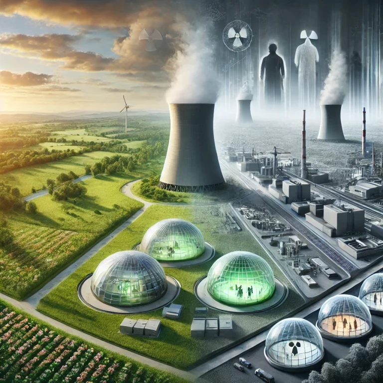 DALL·E 2024 08 26 20.28.42 A futuristic landscape image that addresses the challenges and solutions associated with nuclear energy. The image should depict a modern nuclear powe