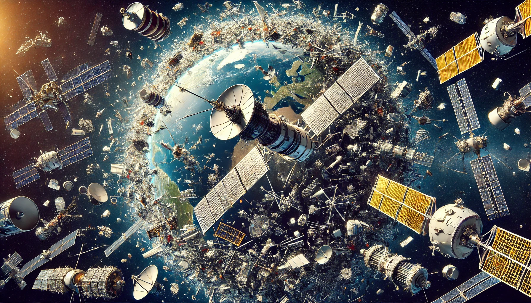 DALL·E 2025 01 10 17.12.41 A professional and visually striking illustration depicting the issue of space debris in Earths orbit. The image shows a cluttered orbit around Earth