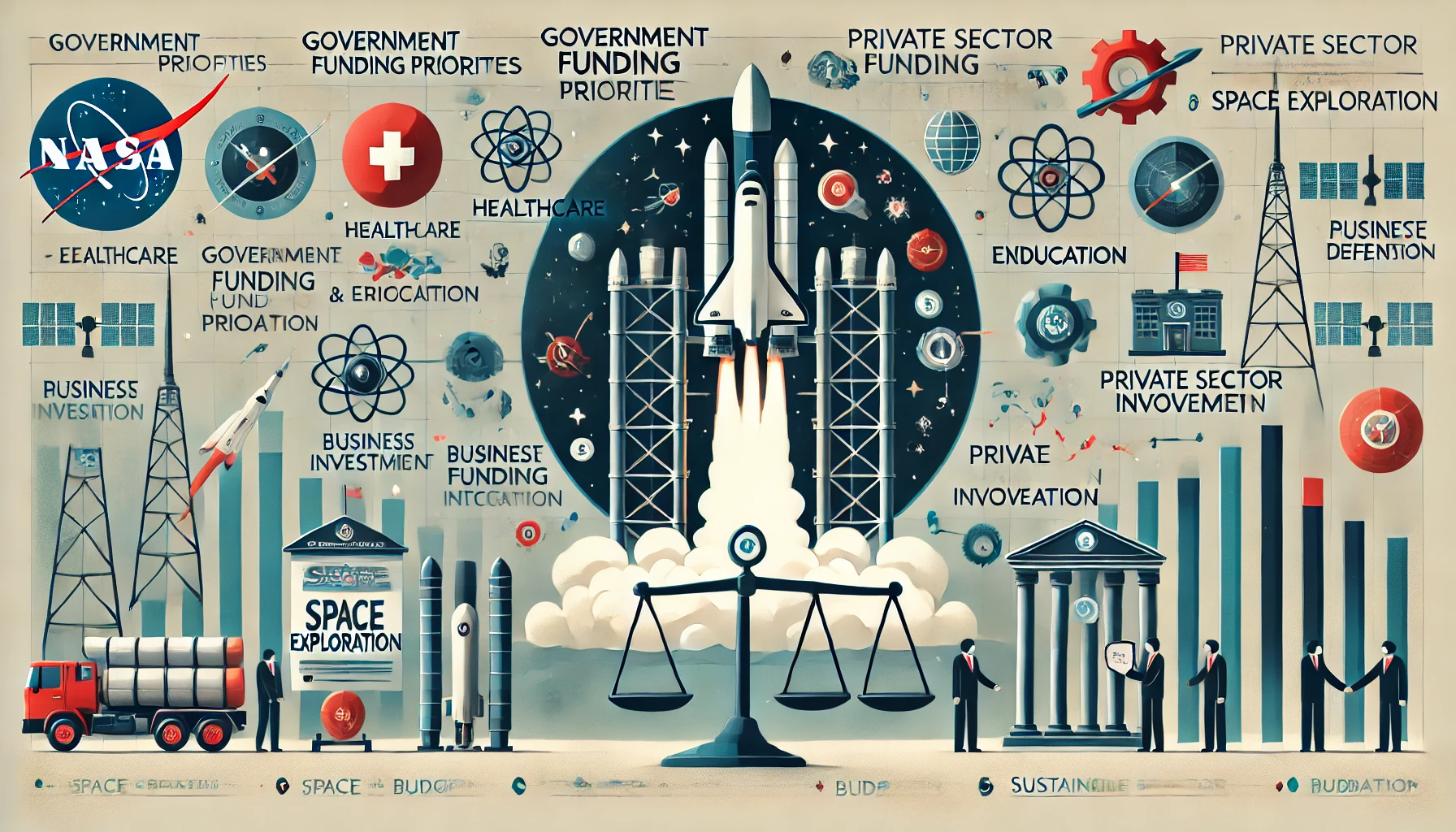 Sustainable Space Exploration: Boosting Public Private Collaboration through Innovation1 1 DALL·E 2025 01 15 15.12.45 A visually appealing infographic illustrating the challenges of space exploration funding and collaboration. The visual should include 1 A central