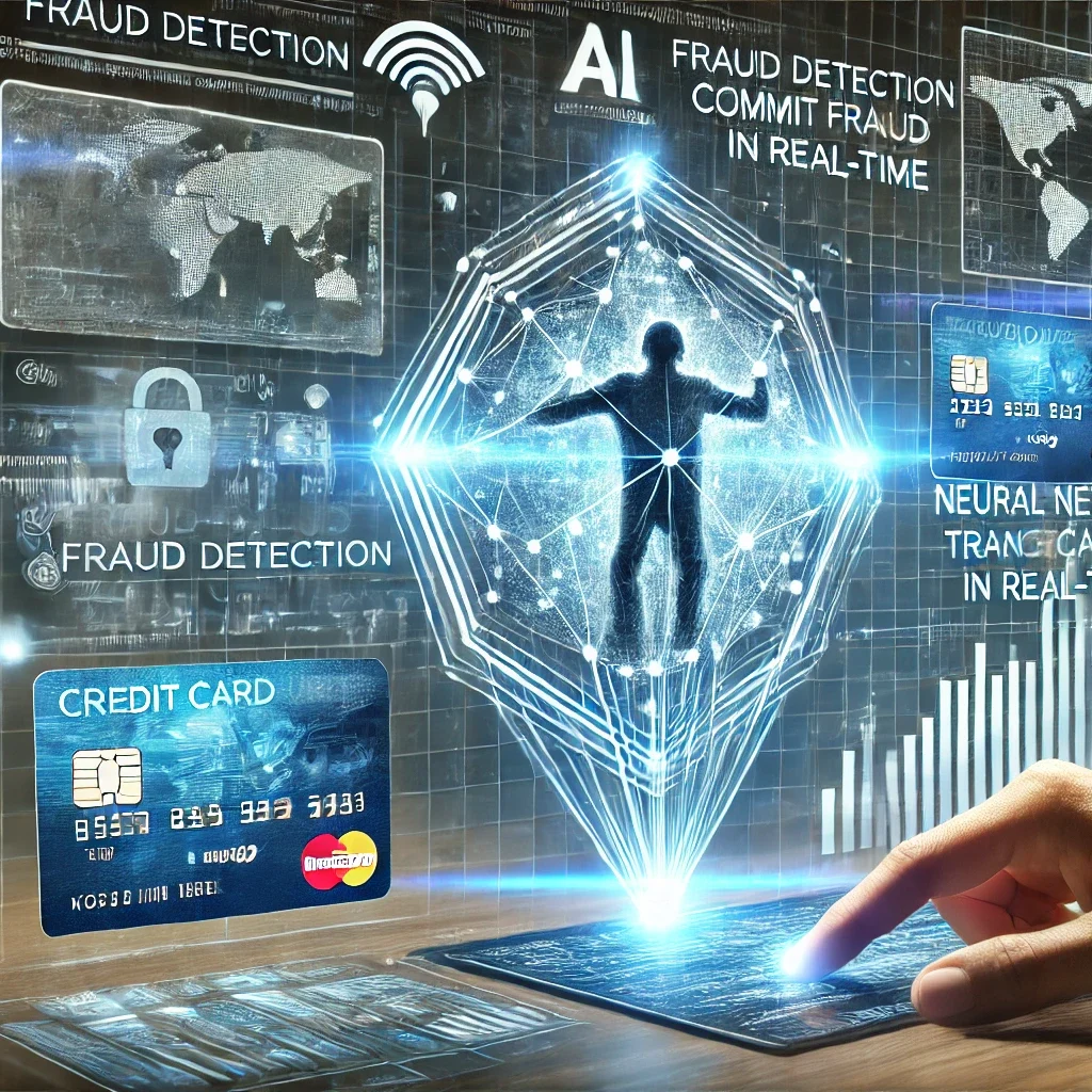 DALL·E 2025 02 13 11.06.03 A futuristic digital security system analyzing credit card transactions in real time. The image features an AI powered dashboard with fraud detection