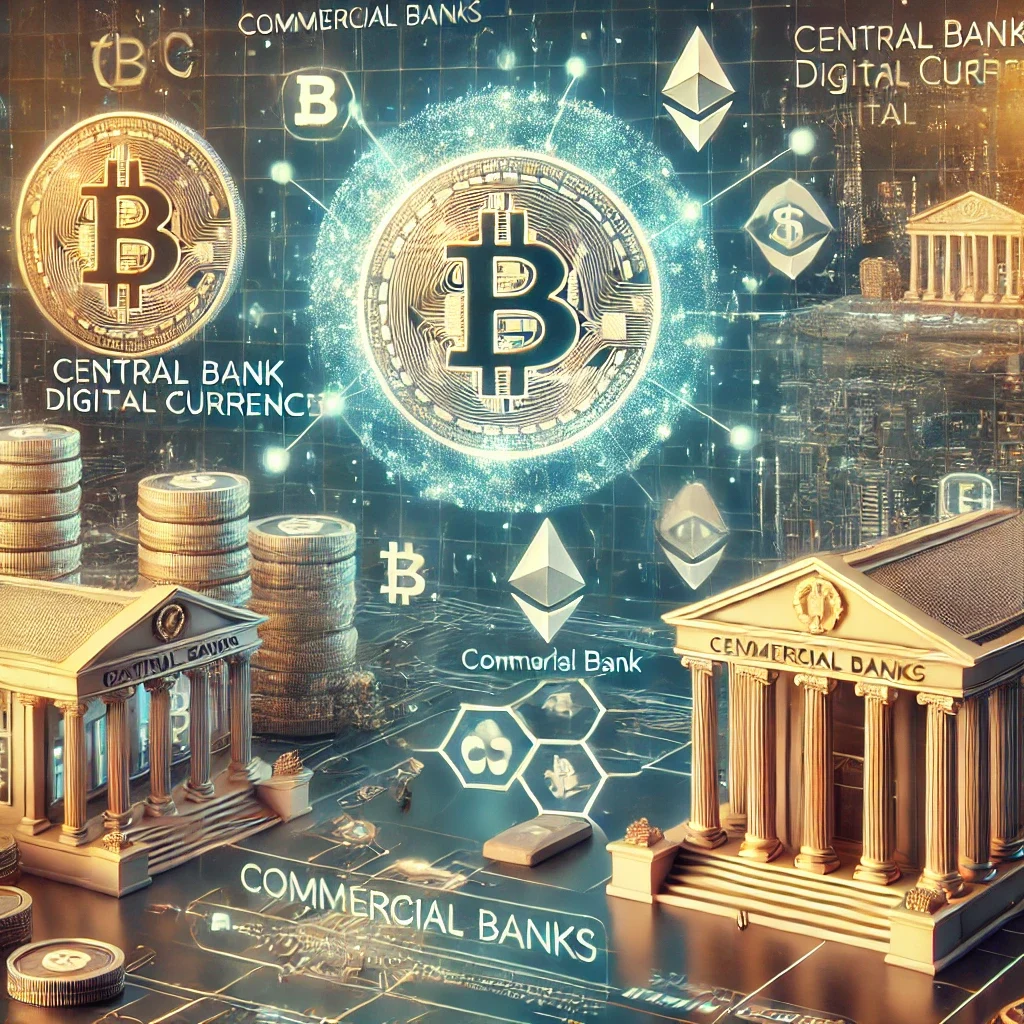 DALL·E 2025 02 14 14.14.00 A futuristic digital financial landscape with Central Bank Digital Currencies CBDCs represented as glowing government backed digital coins. A contr