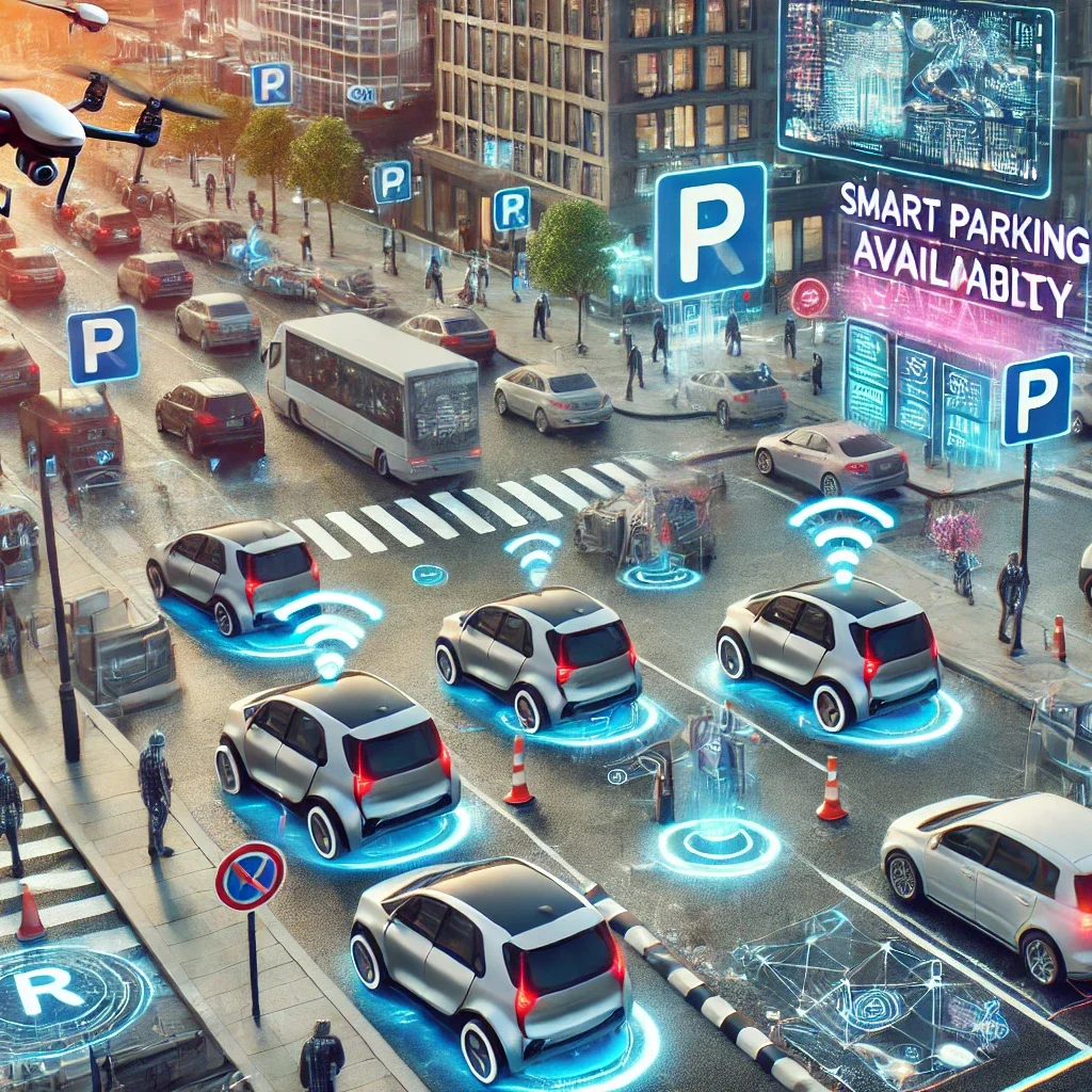 From Chaos to Convenience: The Next-Gen Smart Parking Ecosystem 1 DALL·E 2025 03 13 17.07.06 A futuristic smart city struggling with parking issues. The streets are crowded with vehicles and drivers are searching for parking spots in frustrat