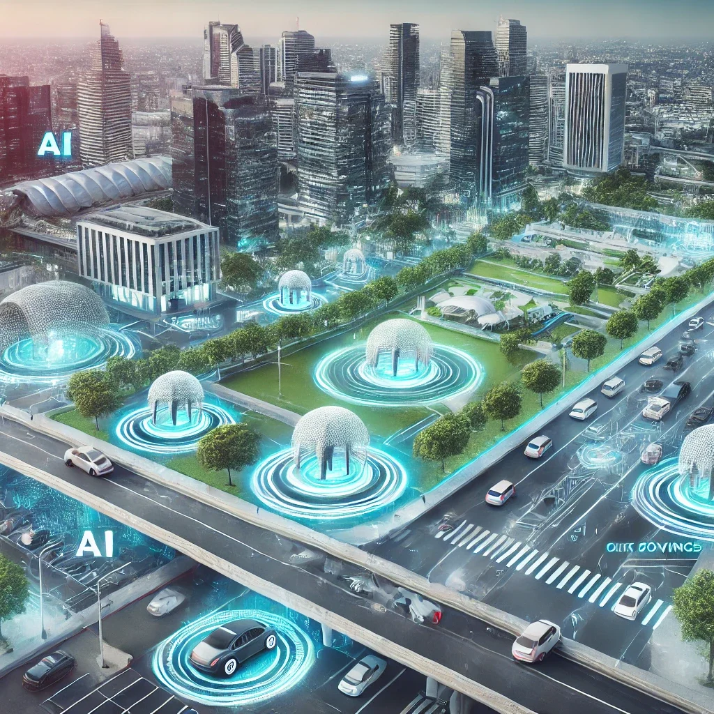 The End of Parking: How AI & Shared Mobility Can Reduce Urban Infrastructure Costs. 1 DALL·E 2025 03 24 11.29.17 A futuristic cityscape with minimal parking lots showcasing AI driven shared mobility solutions. Autonomous electric vehicles and ride sharing pods r