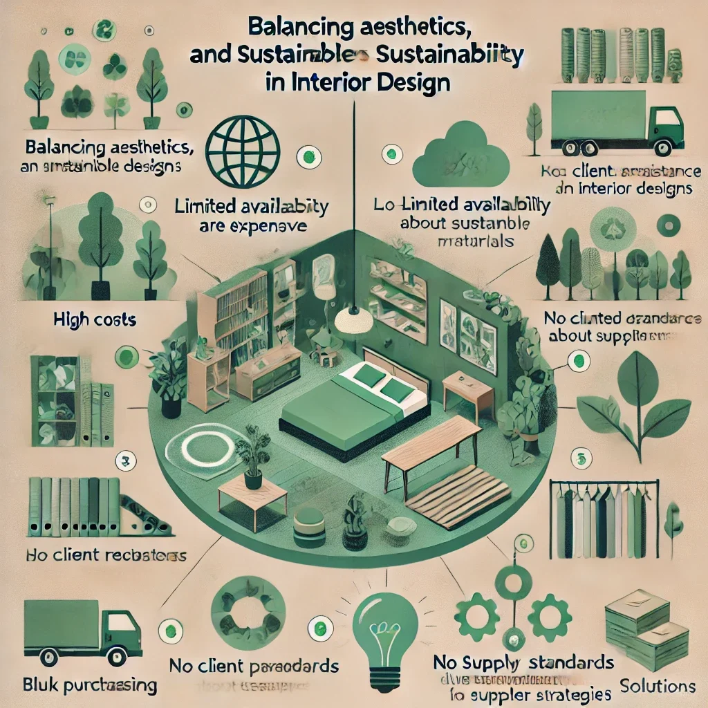DALL·E 2025 03 25 11.27.29 An infographic titled Challenges in Sustainable Interior Design with an eco friendly color scheme green earth tones. The central part of the imag