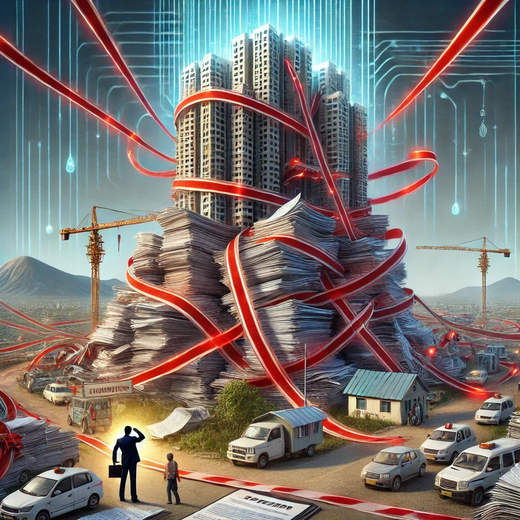 DALL·E 2025 03 26 11.26.14 A conceptual illustration of Indias real estate regulatory challenges. The image shows a tangled web of red tape with developers and investors strug