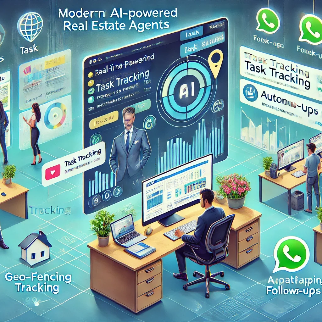 Revolutionizing Employee Task Tracking for Indian Real Estate: Enhancing Productivity, Accountability, and Efficiency with AI-Powered Automation and Real-Time Insights. 1 DALL·E 2025 04 02 12.59.35 A professional digital illustration showcasing a modern AI powered task tracking system for real estate agents in India. The image includes a real est
