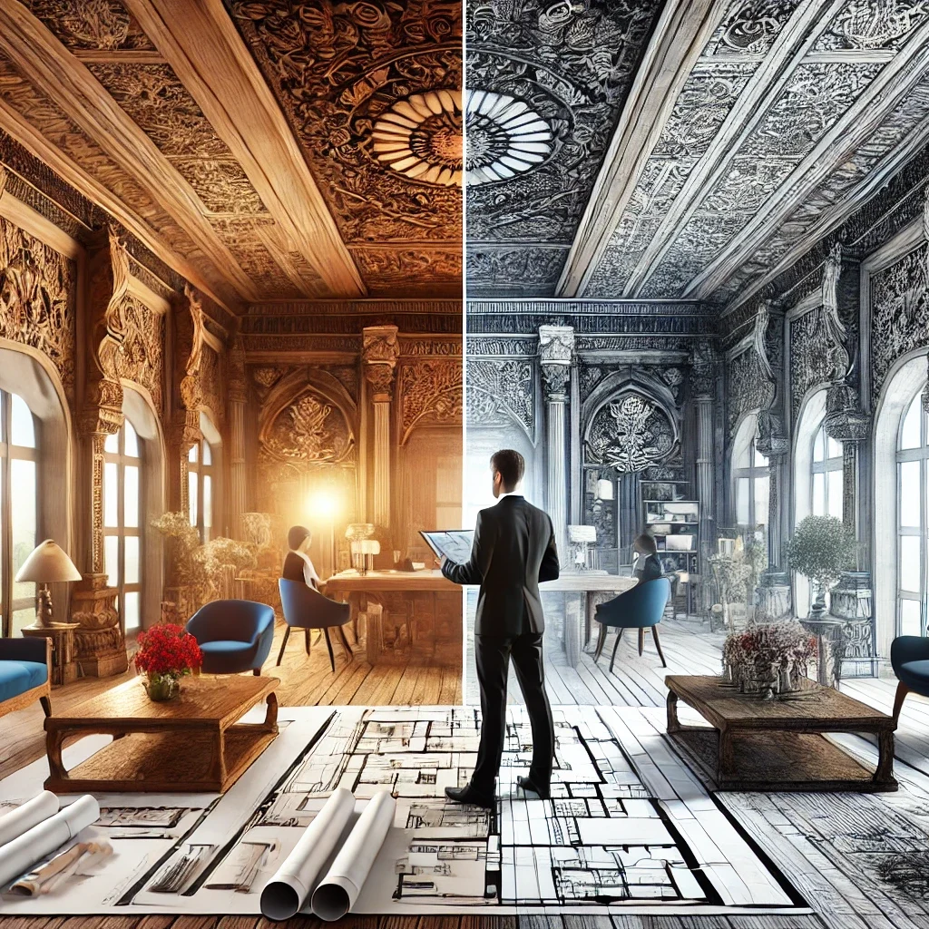 DALL·E 2025 04 03 12.58.43 A professional digital illustration showing the challenge of modernizing interior spaces while preserving cultural heritage. The image should depict a