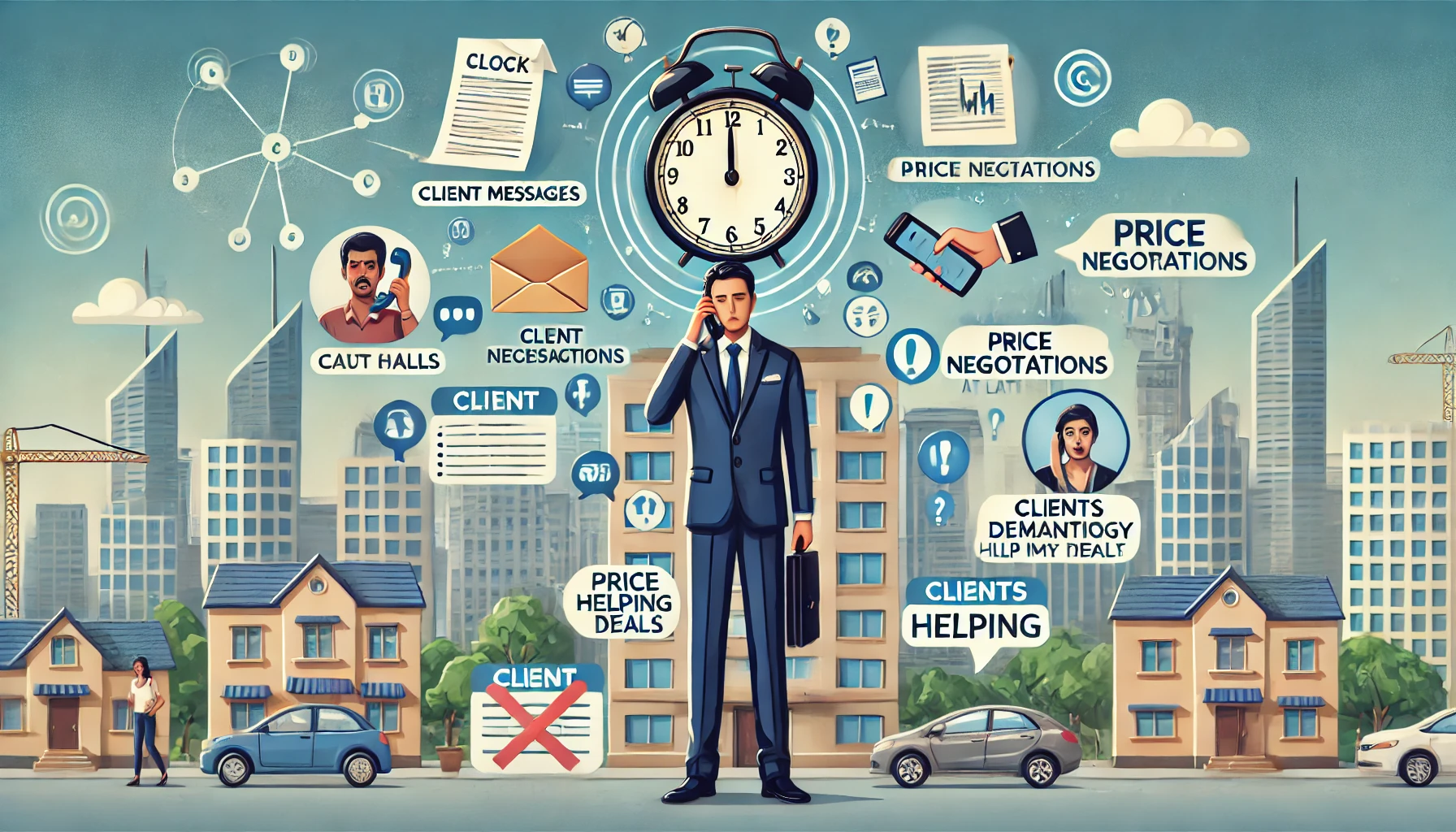 Empowering Indian Real Estate Agents: Addressing Client Expectations and Enhancing Professional Well-being 1 DALL·E 2025 04 08 11.02.25 A professional digital illustration showing an Indian real estate agent standing at the center overwhelmed by floating icons representing client mess 1