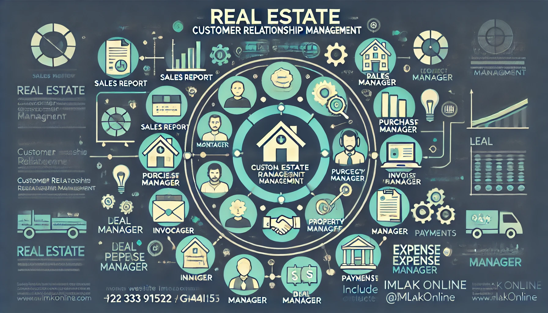 DALL·E 2025 04 10 11.24.31 A modern 16 9 infographic design for a Real Estate Customer Relationship Management CRM system. The central focus is the title Real Estate Customer