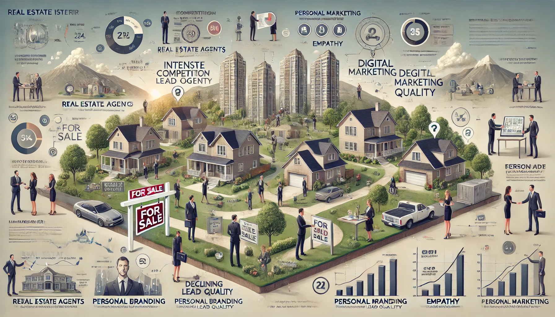 DALL·E 2025 04 11 12.22.47 A professional landscape infographic visualizing the problem statement of intense competition in the real estate industry. The scene includes multiple
