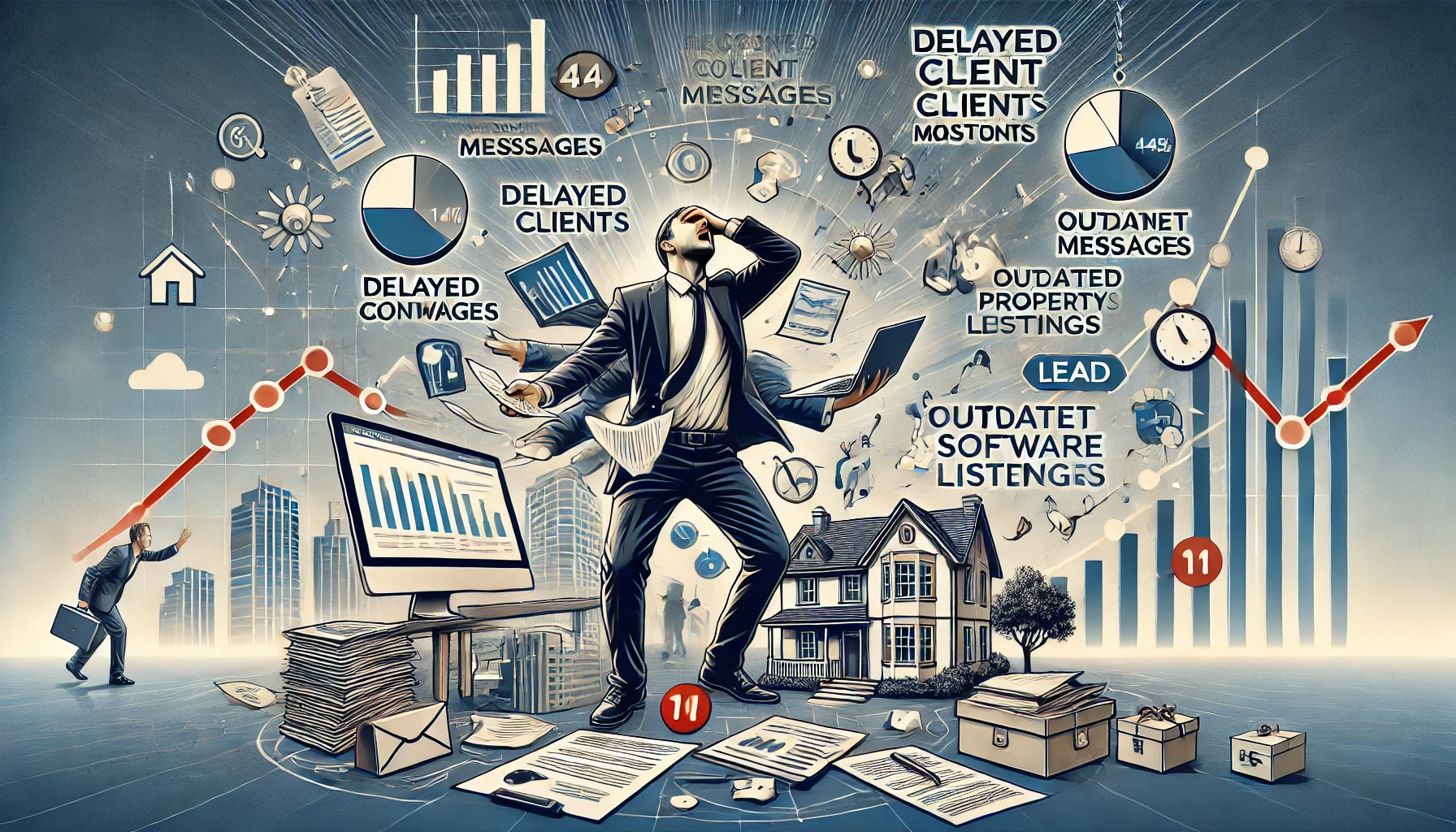 Empowering Real Estate Brokers with AI-Driven, All-in-One Digital Platforms for Smarter Client Engagement and Faster Closures 1 DALL·E 2025 04 15 11.48.04 A professional landscape image showing the biggest pain points in modern real estate brokerage. The image should depict a frustrated real estate broke