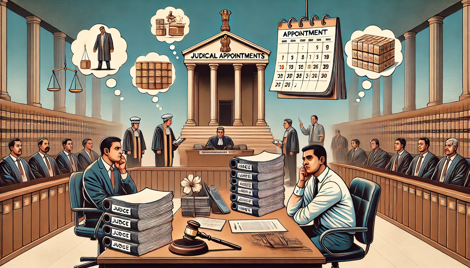 Bridging the Gap: Solving Delays in Judicial Appointments for a More Efficient Indian Justice System 1 DALL·E 2025 04 16 11.51.04 A professional landscape illustration that clearly explains the problem of delays in judicial appointments in India. The image should show a courtroom