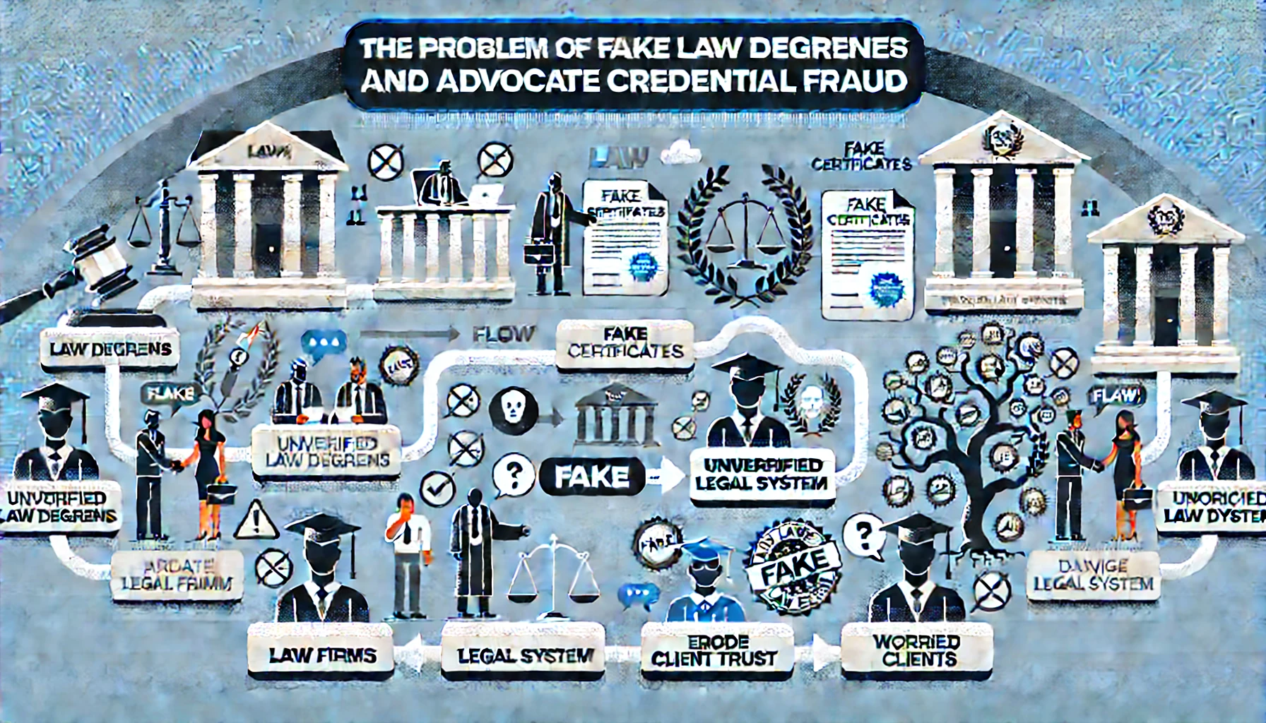 Ensuring Advocate Authenticity — Reinventing Legal Credential Verification to Safeguard India’s Justice System. 1 DALL·E 2025 04 21 16.04.54 A professional clean and modern landscape infographic illustrating the problem of fake law degrees and advocate credential fraud in the legal system