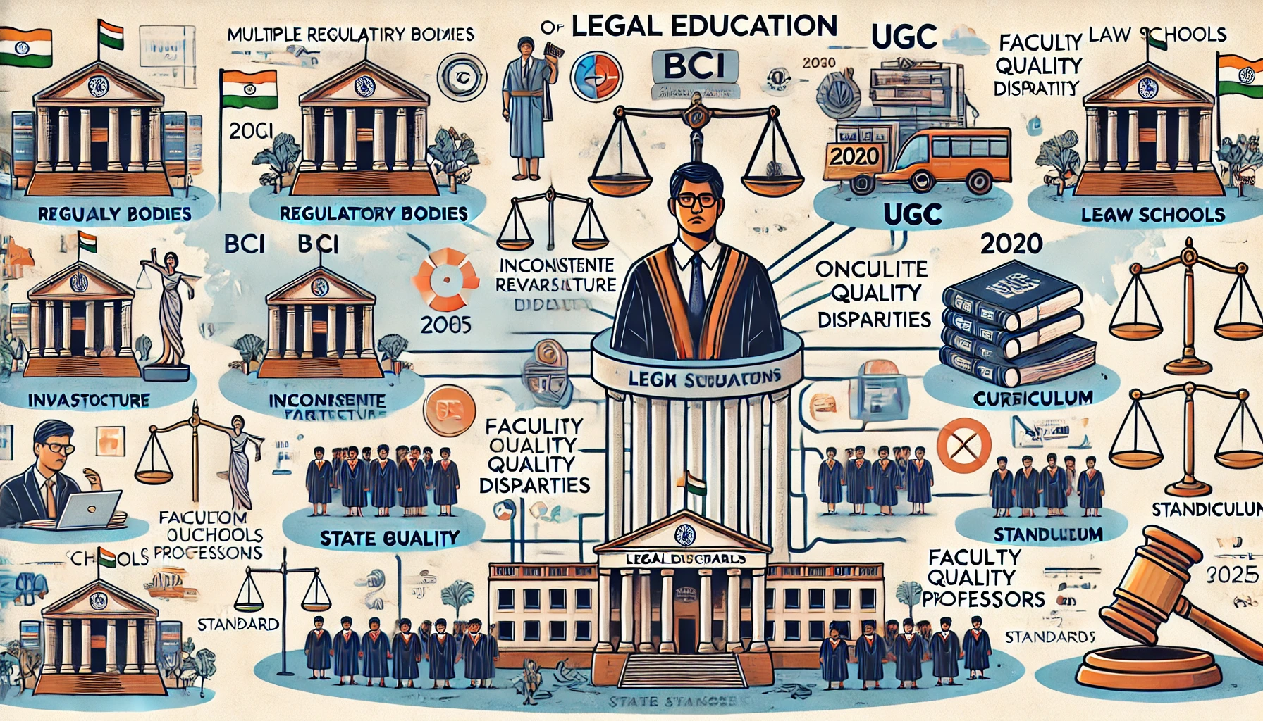 Standardizing Legal Education in India: Addressing Disparities and Enhancing Quality through EduLex Standards 1 DALL·E 2025 04 22 14.49.33 A professional infographic in 16 9 format showcasing the landscape of legal education in India. It includes labeled sections such as Multiple Regulat
